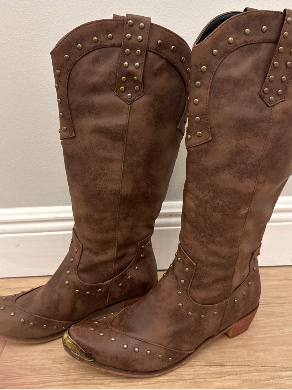 Brown Studded Western Knee-High Boots Size 43